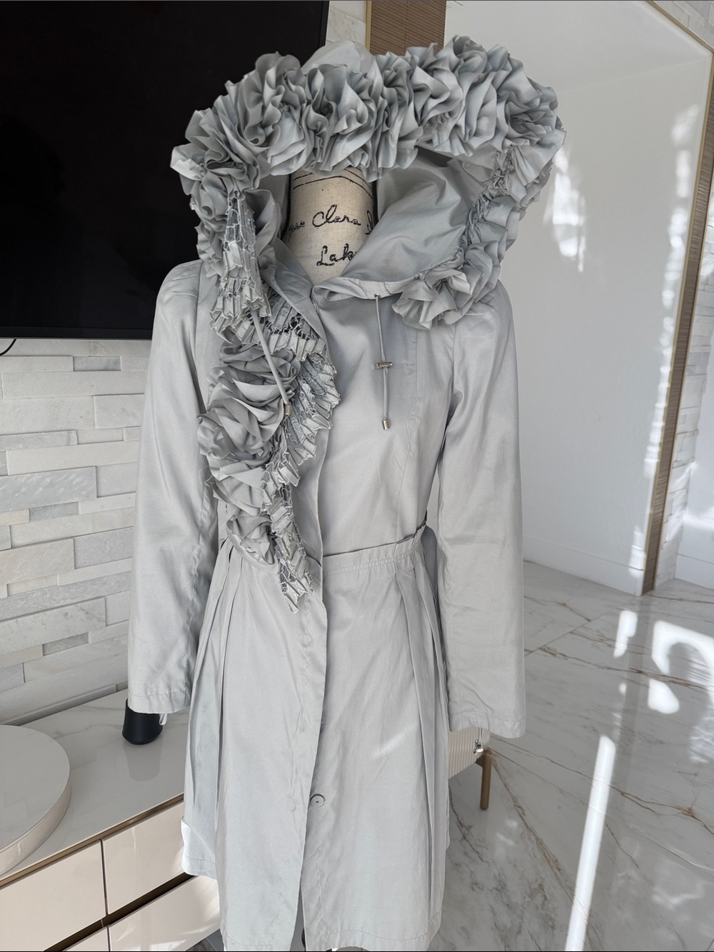 Etcetera Ruffled Hooded Trench Coat in Light Gray